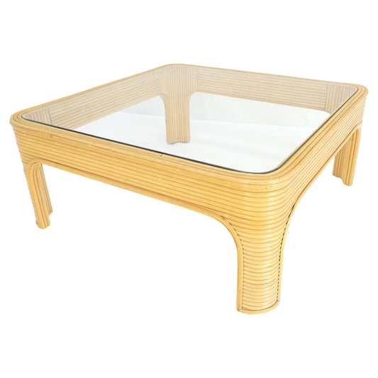 EstablishedLines Blond Rattan Bamboo Rounded Corners Square Glass Top Coffee Table 1970's Frankl