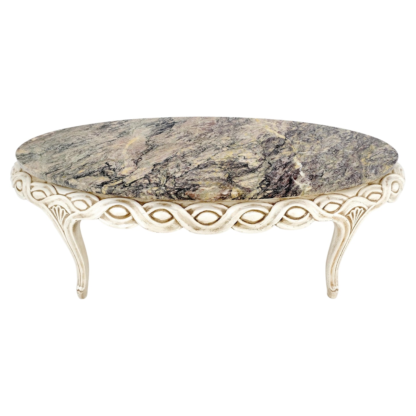 EstablishedLines Braided Bezel Oval Marble Top White Pickle Finish French Provincial Coffee Table