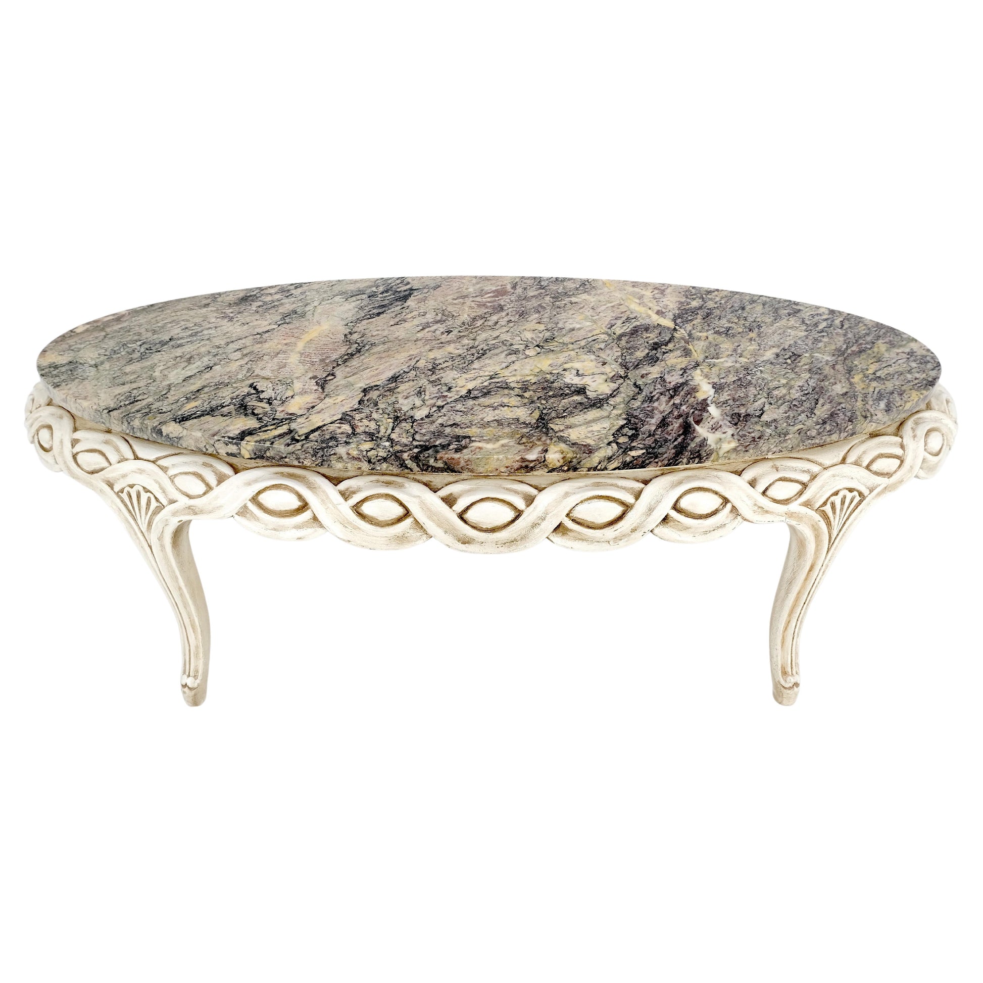 EstablishedLines Braided Bezel Oval Marble Top White Pickle Finish French Provincial Coffee Table