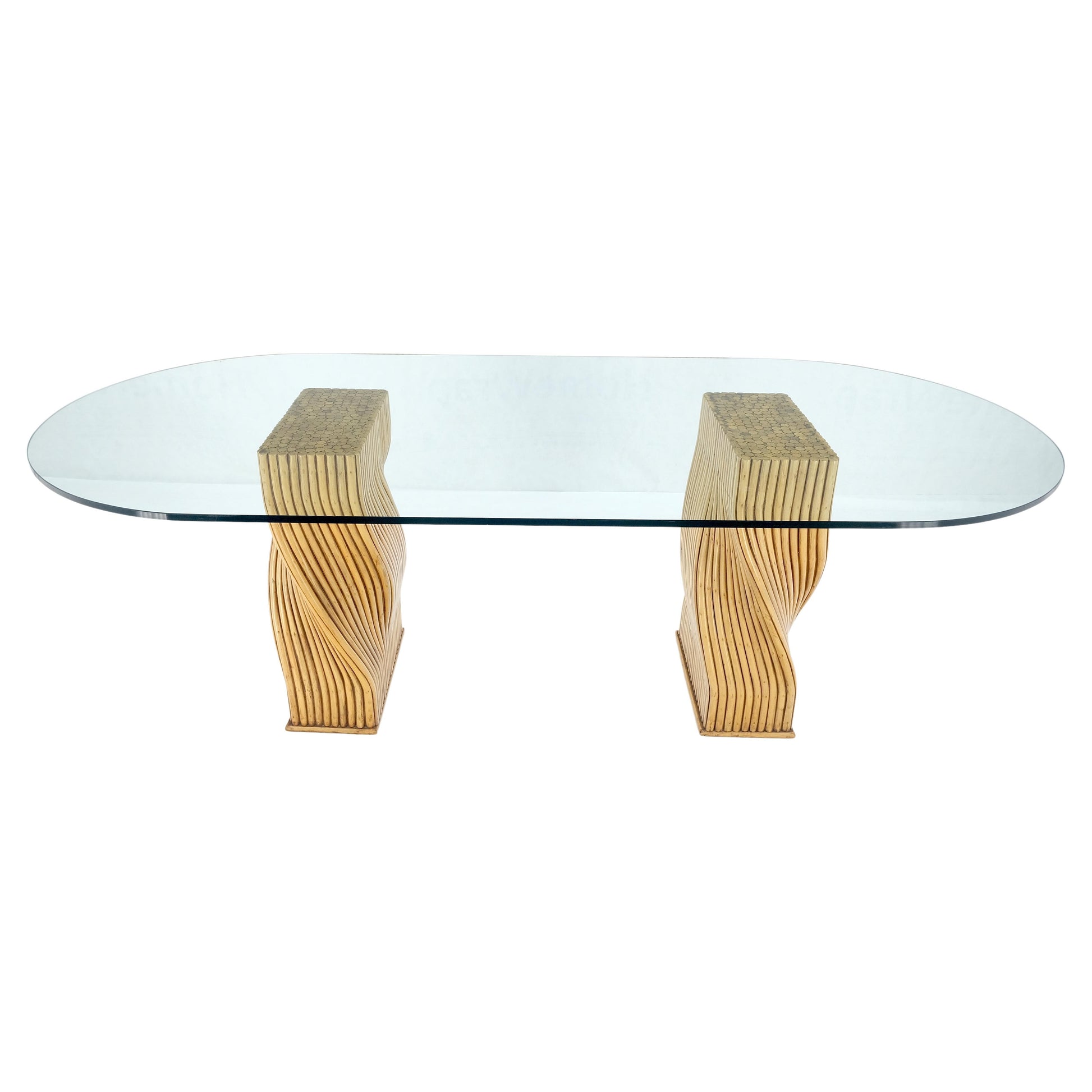 EstablishedLines Racetrack Oval Shape 3/4" Glass Top Sheaf of Twisted Bamboo Bases Dining Table