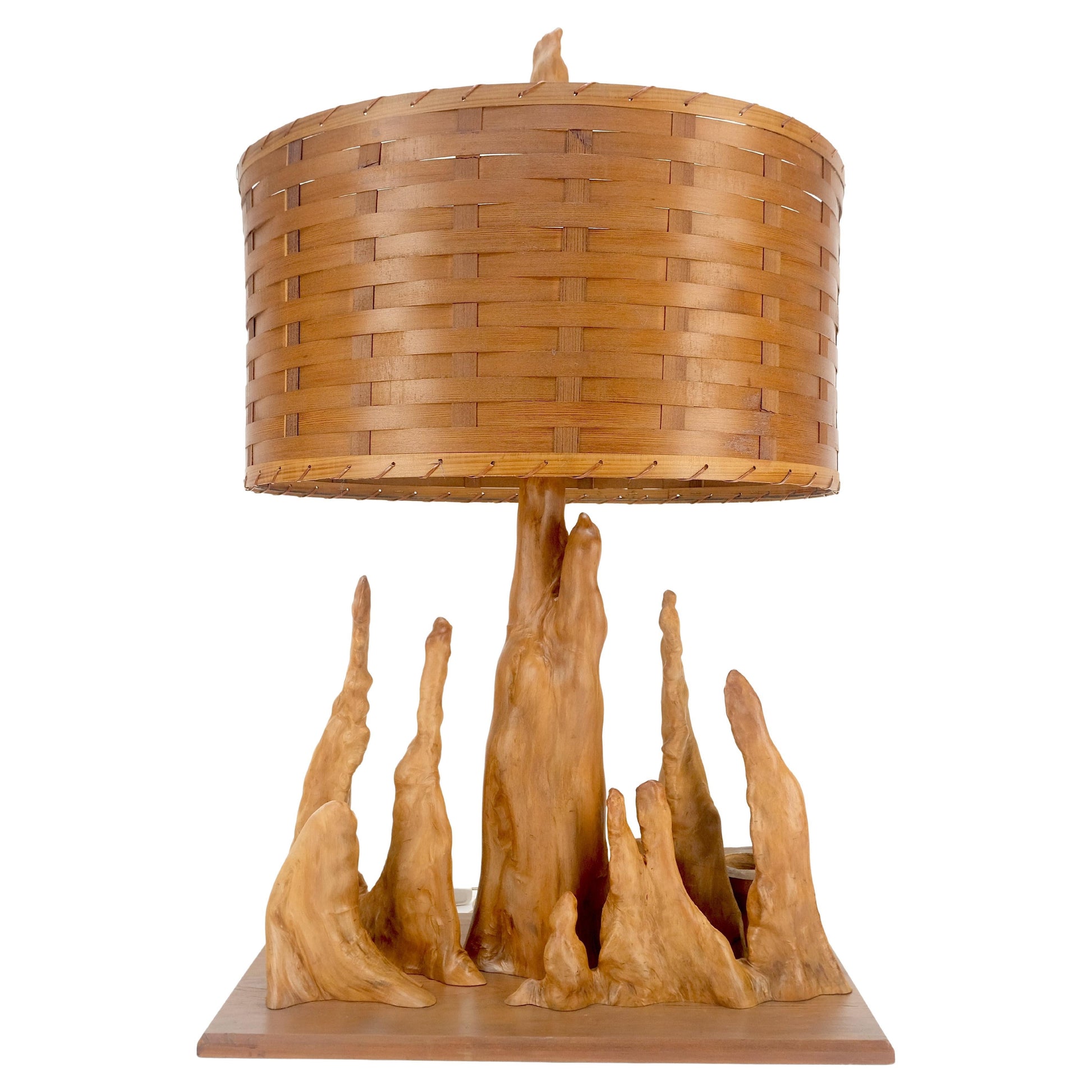 EstablishedLines Mid Century Cypres Root Driftwood Style Backet Weave Shape Shade Table Lamp MINT