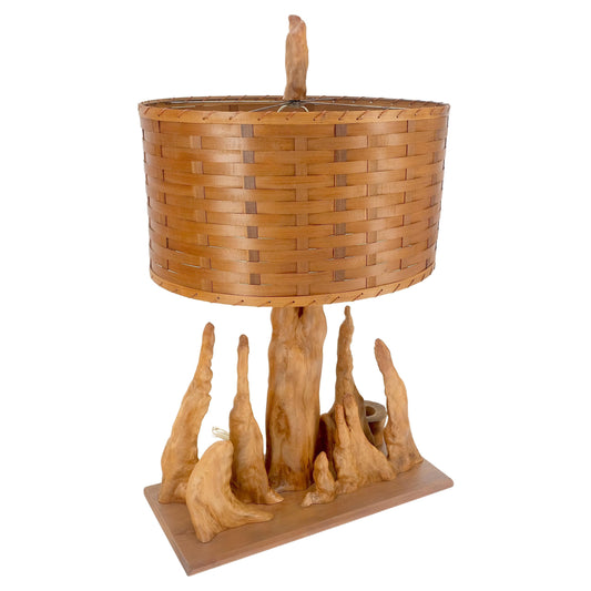 EstablishedLines Mid Century Cypres Root Driftwood Style Backet Weave Shape Shade Table Lamp MINT