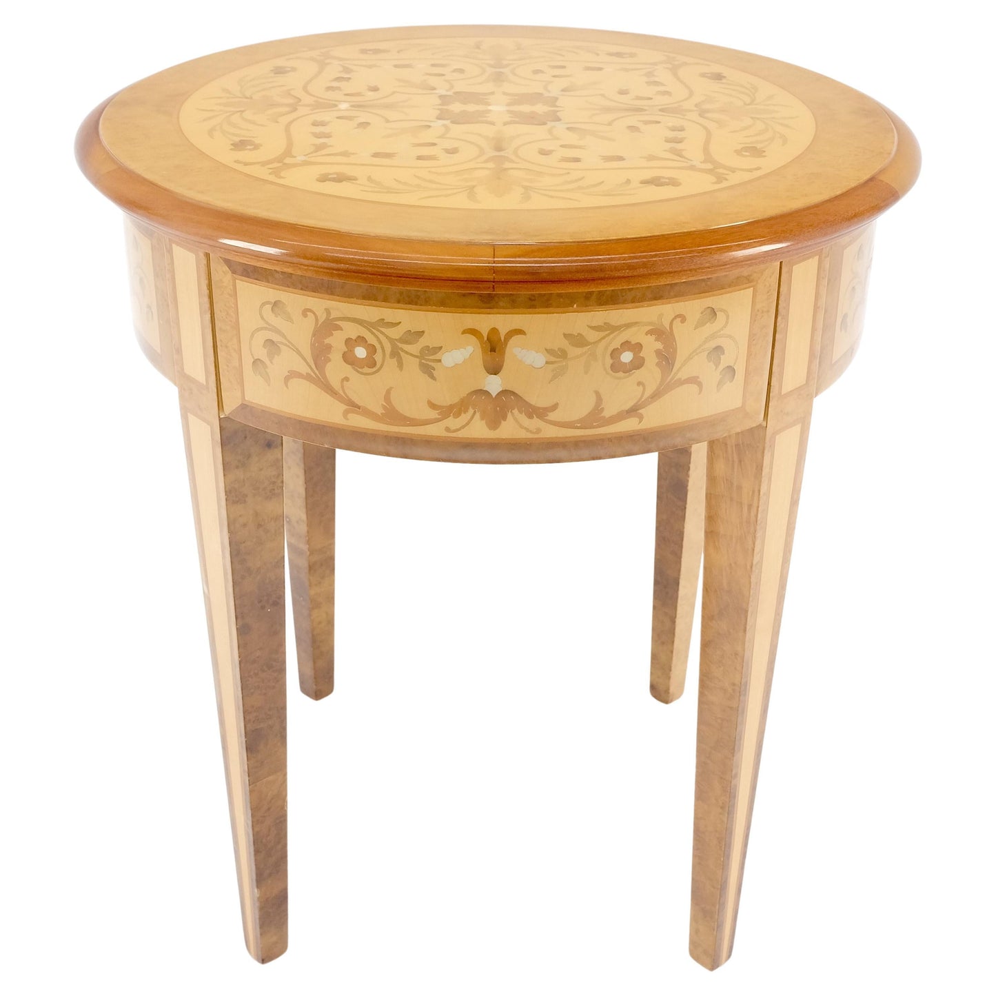 EstablishedLines Round 20" in Diameter Inlayed One Drawer Burl Wood Tapered Legs Stand End Table