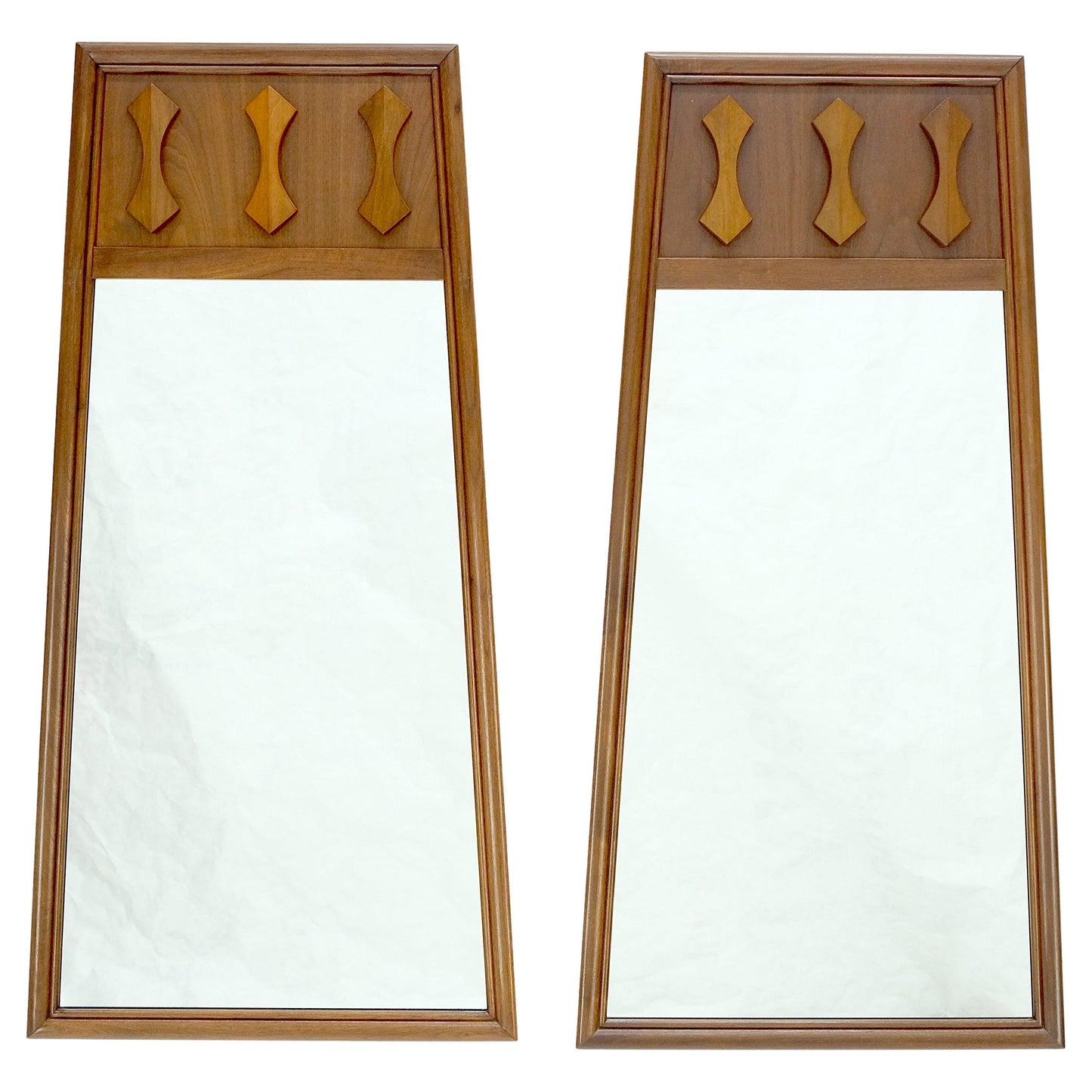 EstablishedLines Pair of Mid Century Modern Walnut Pyramid Shape Walnut Wall Mirrors MINT!