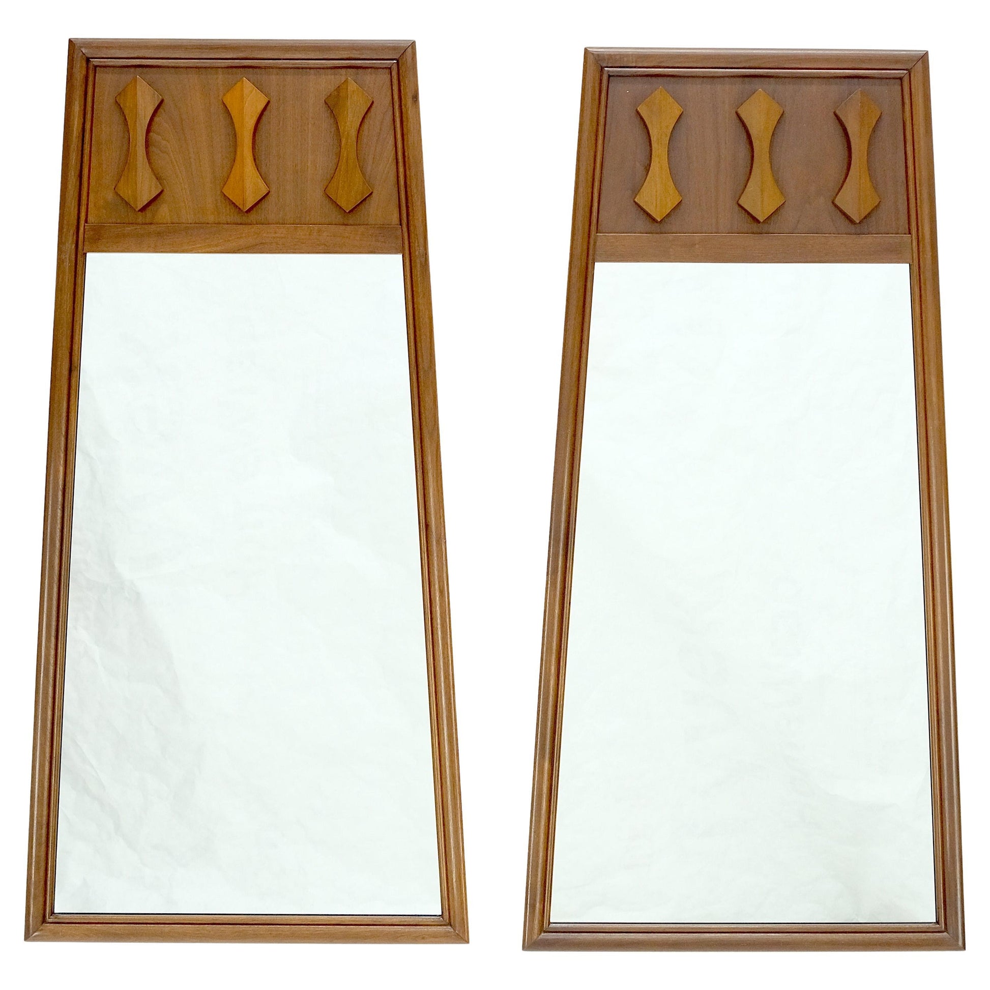 EstablishedLines Pair of Mid Century Modern Walnut Pyramid Shape Walnut Wall Mirrors MINT!