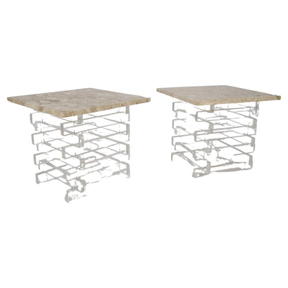 EstablishedLines Pair Stacked Lucite Square Marble Travertine Tops End Side Occasional Tables