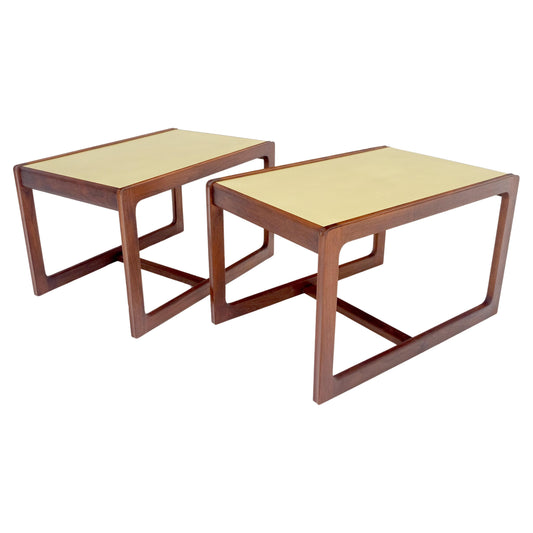 EstablishedLines Pair of Mid Century Modern Solid Oil Walnut c1970s Brass Tops Side End Tables