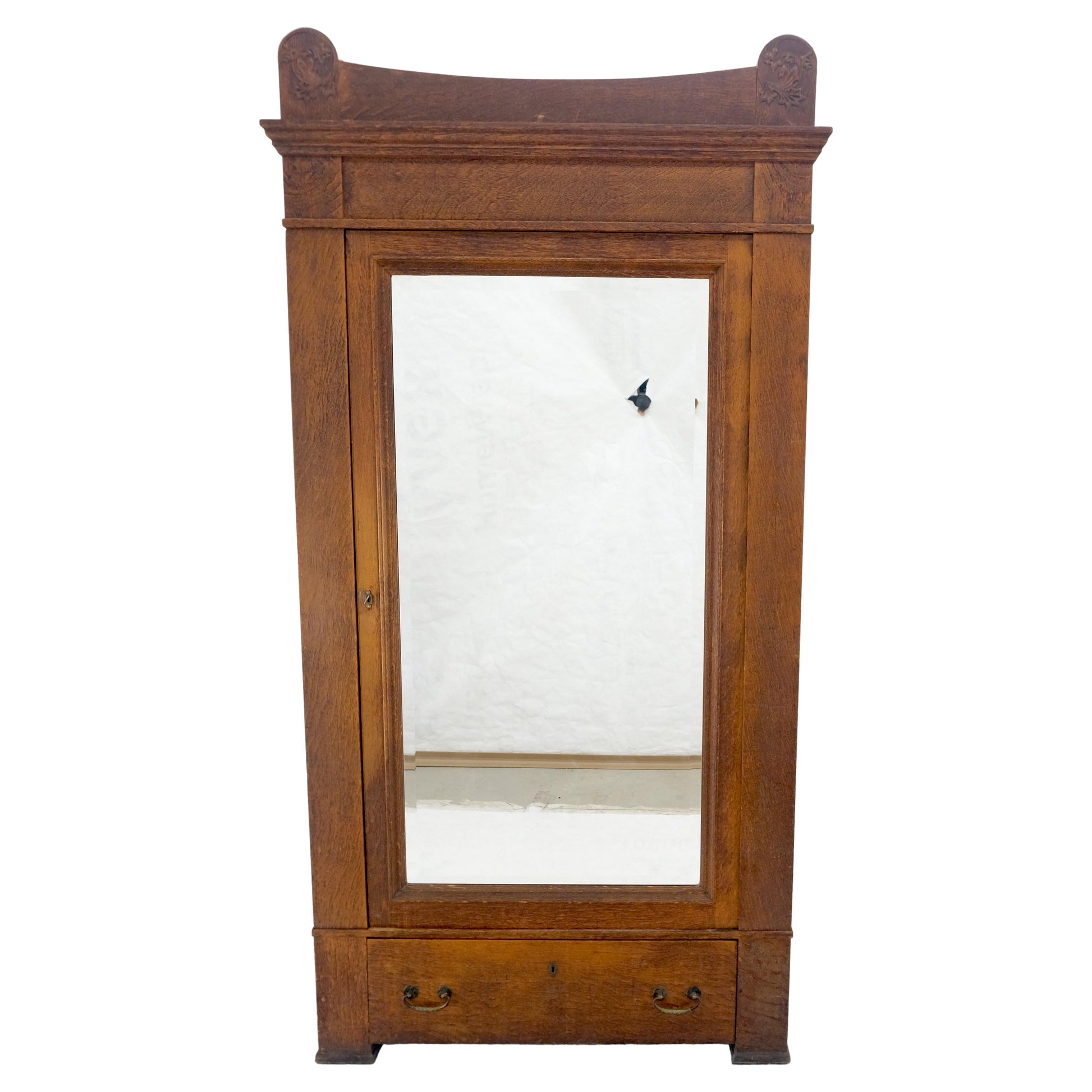 EstablishedLines Solid Oak Massive Arts & Crafts One Door Armoire Wardrobe Large Beveled Mirror