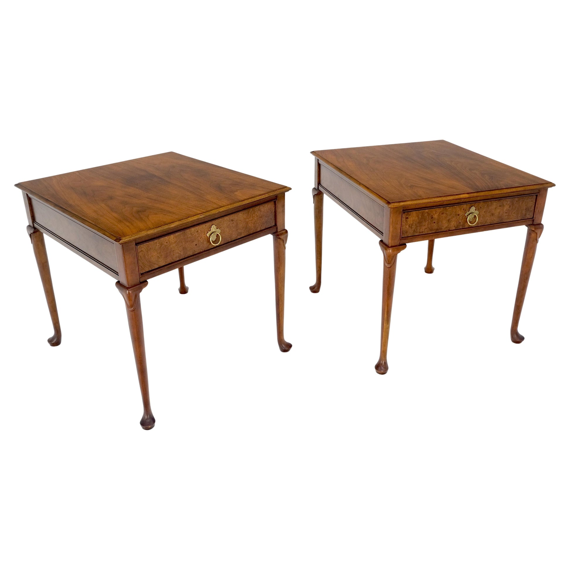 EstablishedLines Baker Burl Wood Walnut Brass Drop Ring Pulls One Drawer Nightstands End Tables