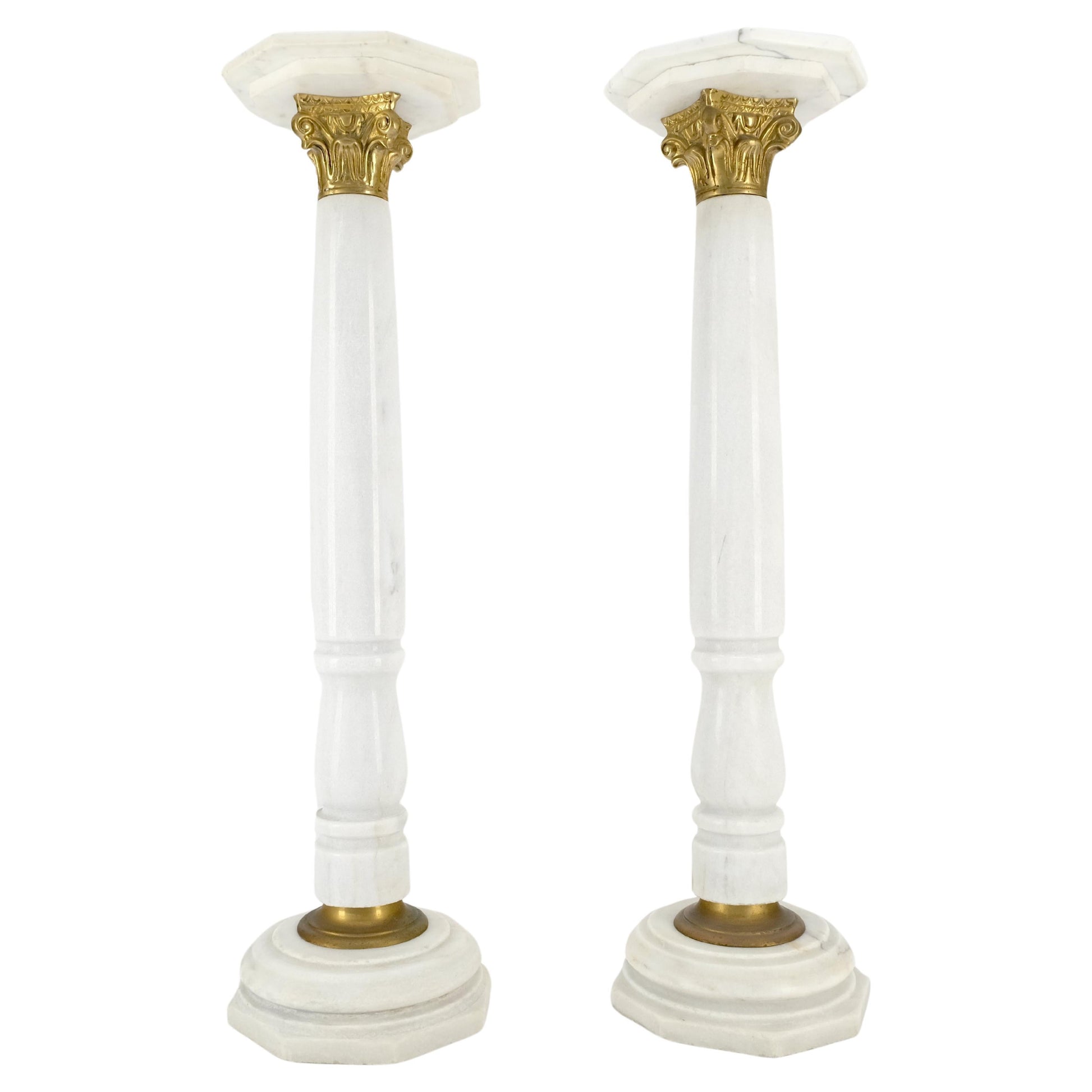 EstablishedLines Pair Brass & Turned White Marble Bases Octagonal Tops Columns Pedestals MINT!