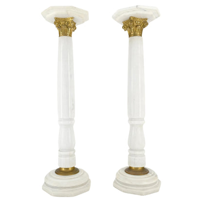 EstablishedLines Pair Brass & Turned White Marble Bases Octagonal Tops Columns Pedestals MINT!