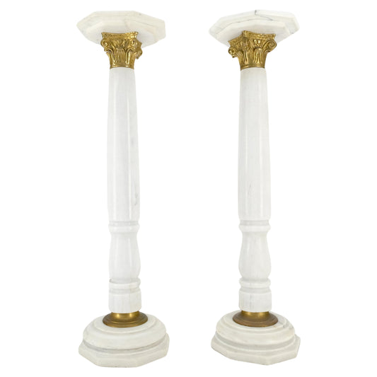 EstablishedLines Pair Brass & Turned White Marble Bases Octagonal Tops Columns Pedestals MINT!