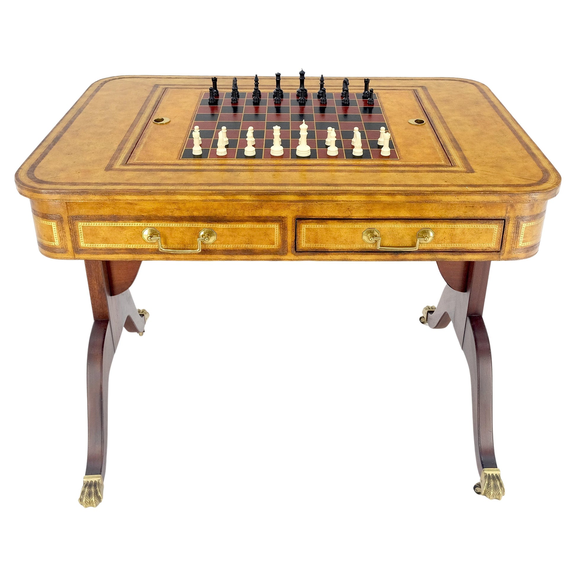 EstablishedLines Flit Top Chess Board Backgammon Tooled Leather Top Two Drawers Game Table MINT!