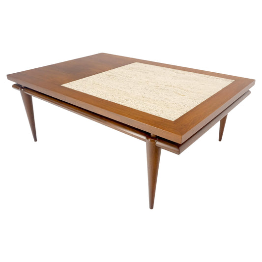 EstablishedLines Floating Walnut Top Travertine Insert Tapered legs Rectangle Coffee Table MINT!