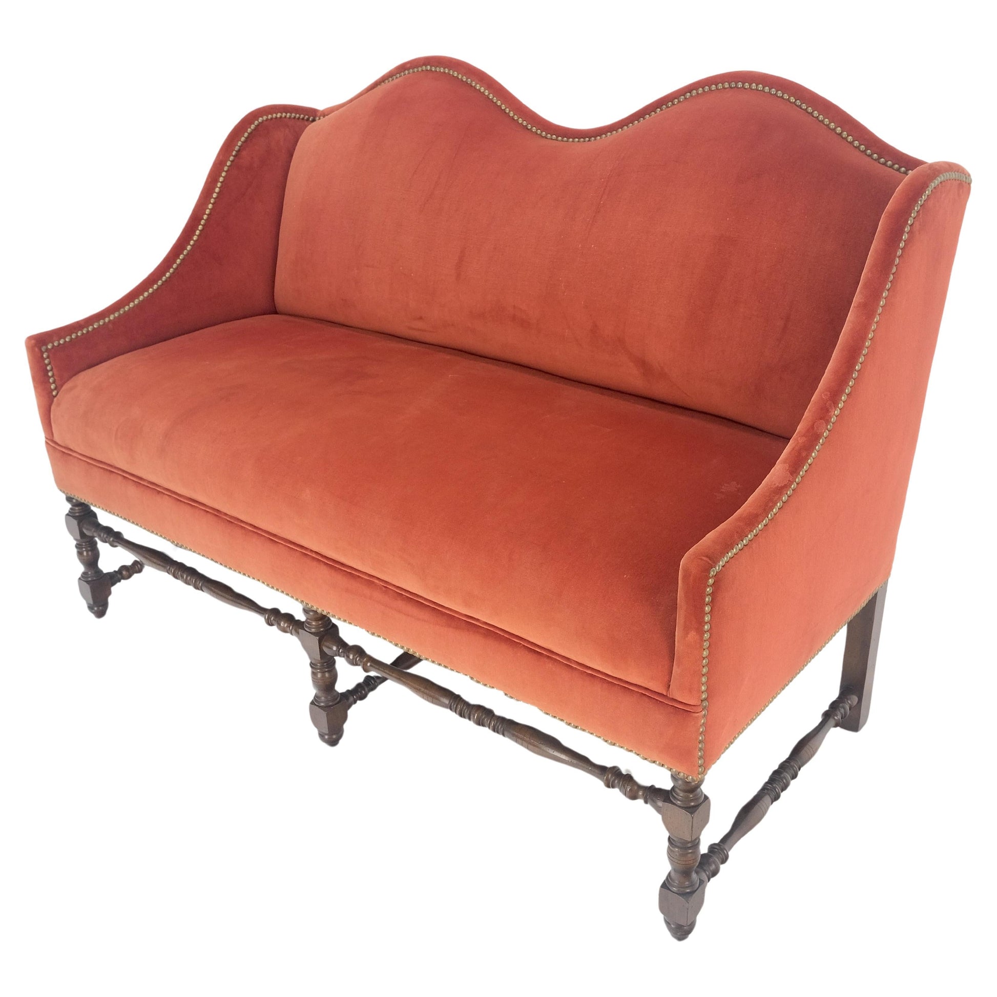 EstablishedLines William & Mary Style Brick Red Camel Back Upholstery Walnut Base Sofa Loveseat