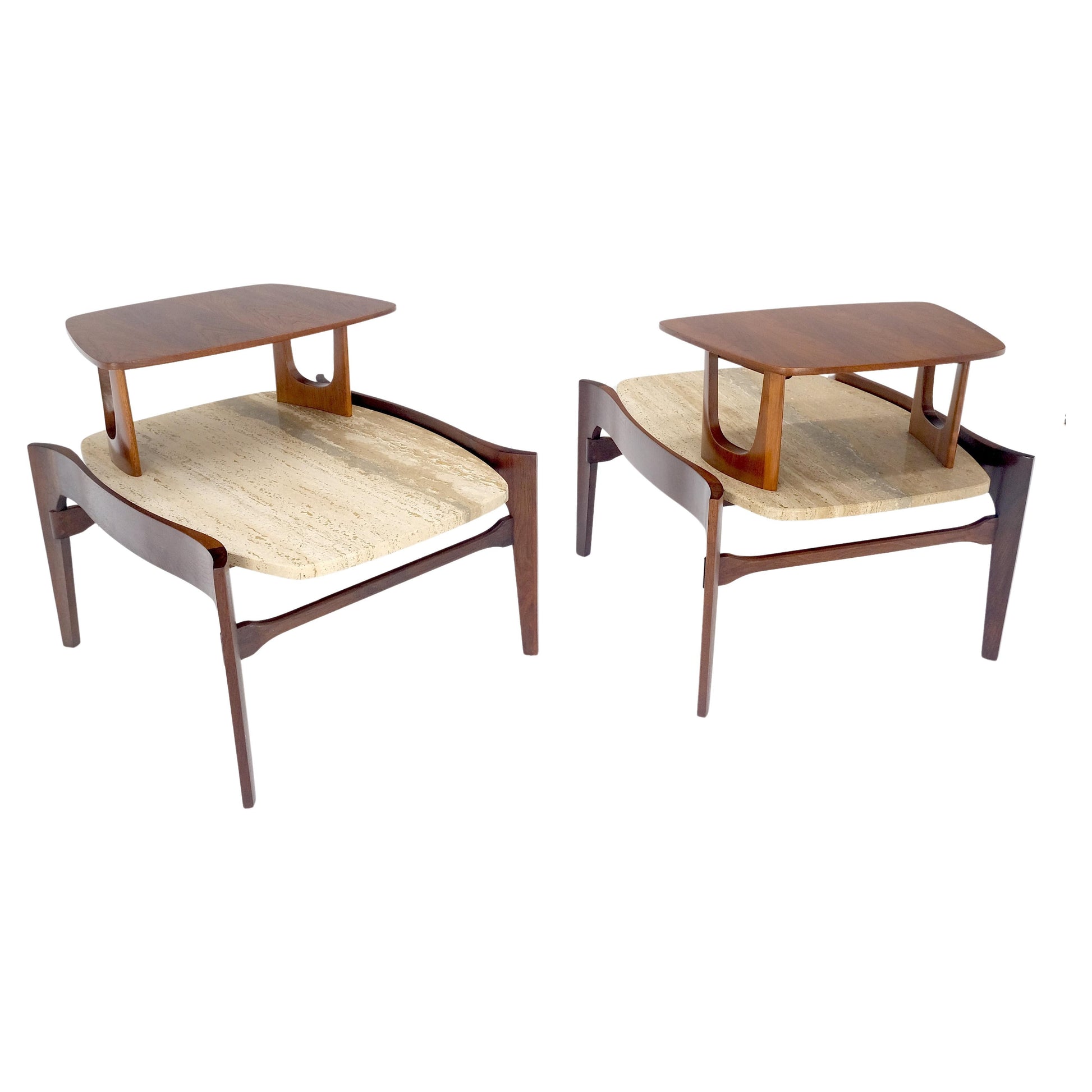 EstablishedLines Pair of Bertha Schaefer Walnut Travertine Top Step Side End Tables Stands MINT!