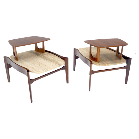 EstablishedLines Pair of Bertha Schaefer Walnut Travertine Top Step Side End Tables Stands MINT!