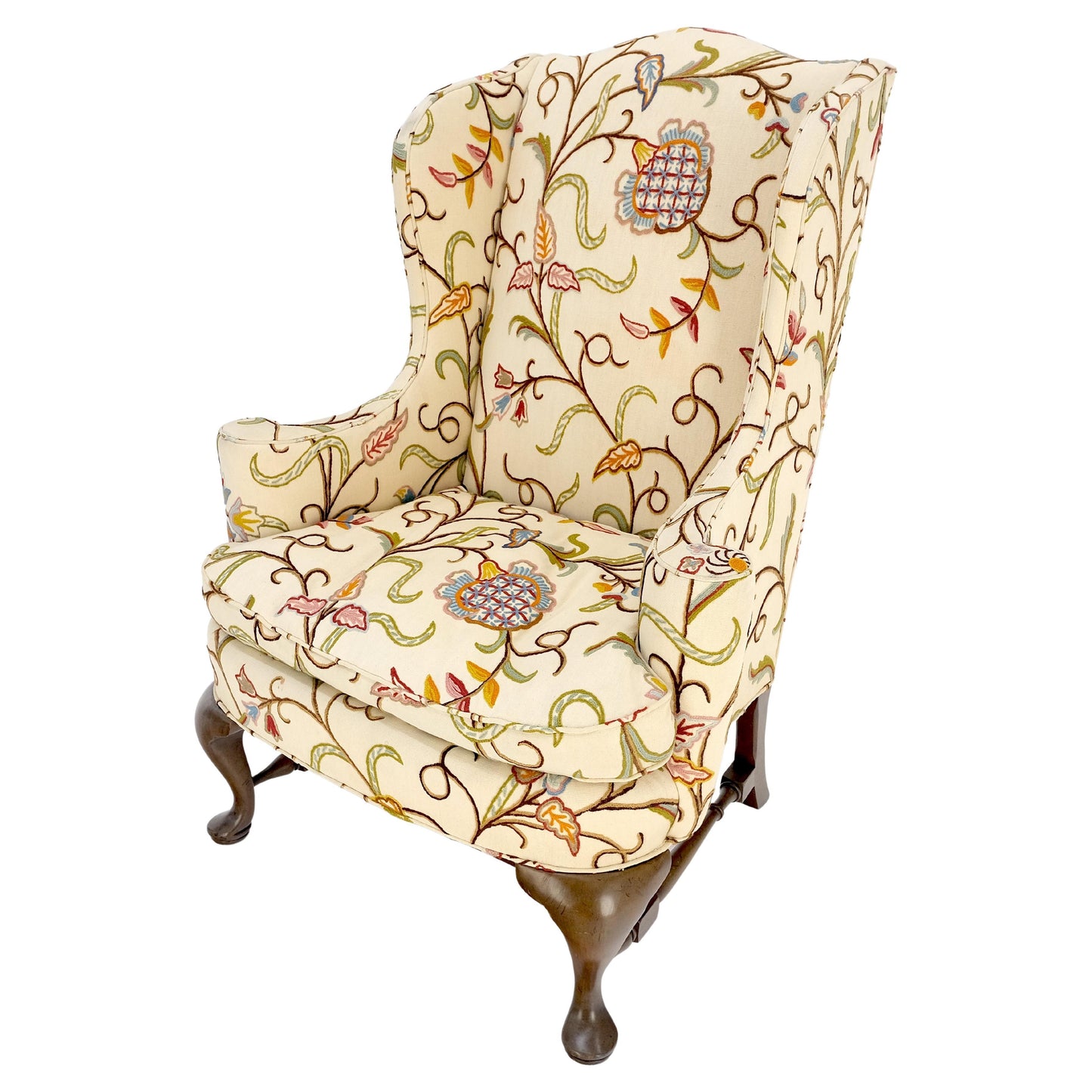 Hand Stitched Floral Pattern Wide Queen Ann Base Wind Lounge Club Chair 1940s