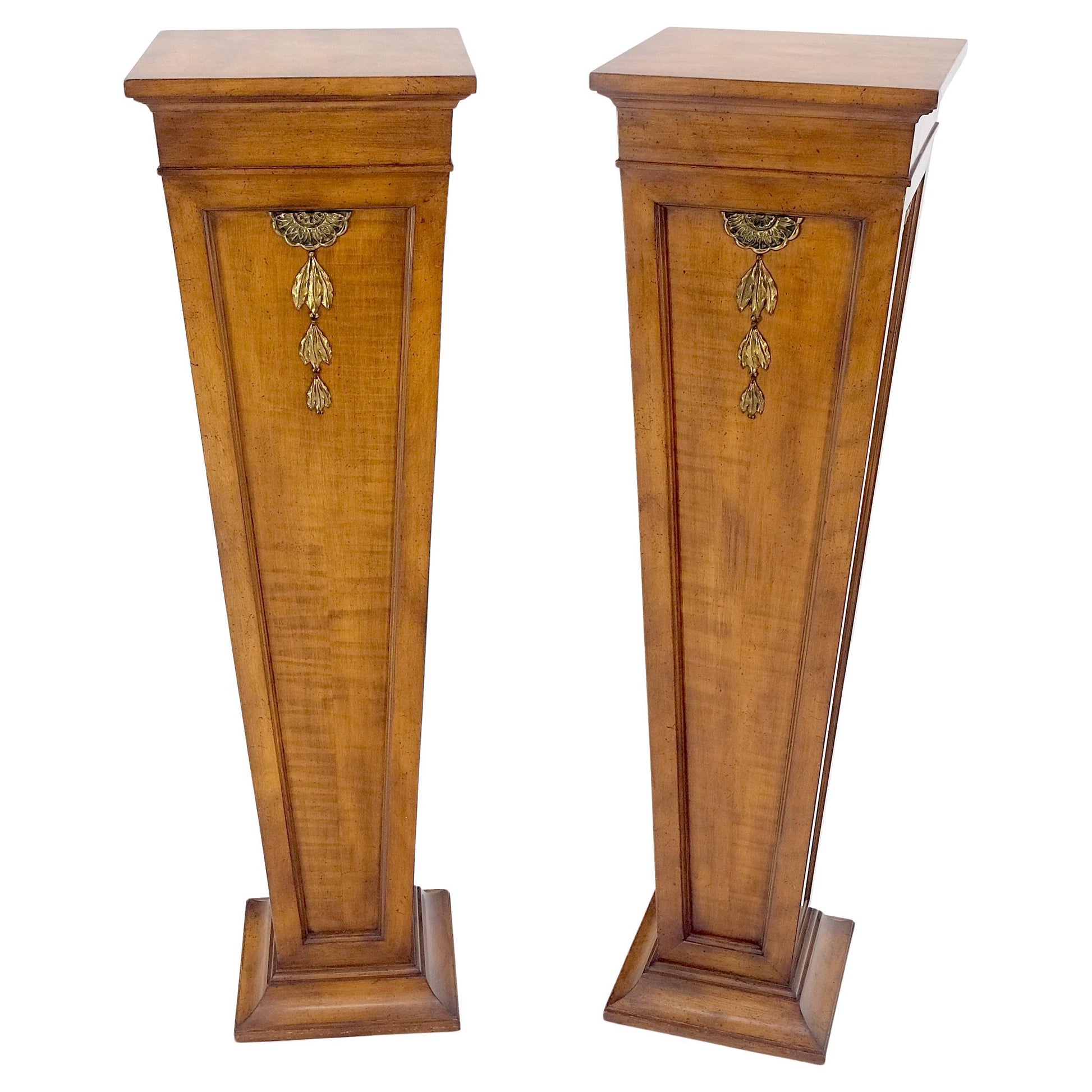 EstablishedLines Pair of Tapered Light Tiger Maple Bronze Mount Large Square Pedestals MINT!