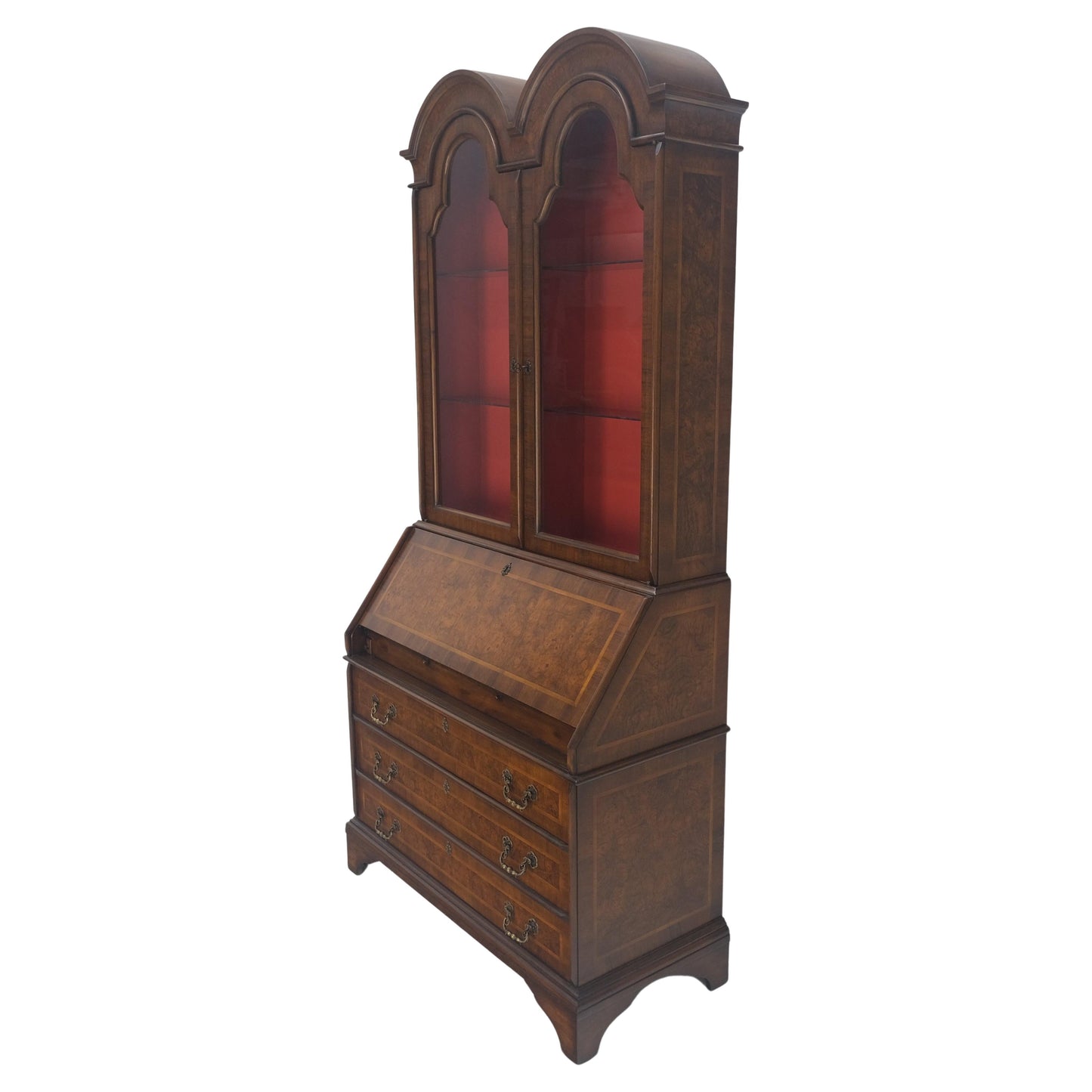 EstablishedLines Double Bonnet Dome Top Burl Wood 3 Drawer Drop Front Secretary Desk 1900s Clean!