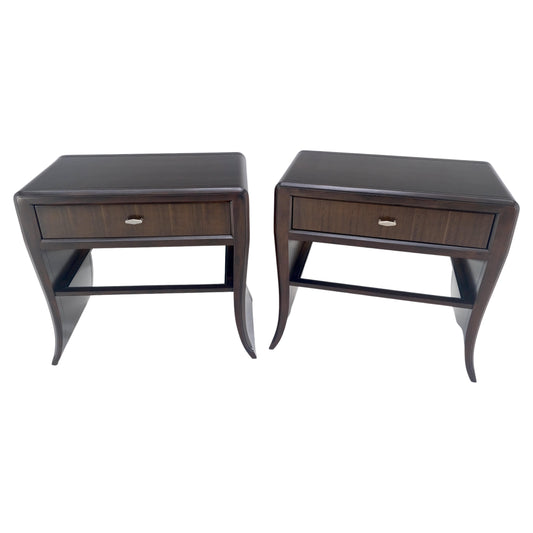 Pair of Ebonized Mahogany Waterfall Art Deco Style Night Stands Cabinets MINT