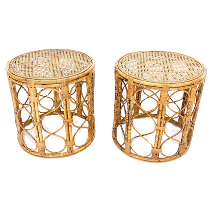 EstablishedLines Pair of 1970s Burnt Bamboo Round Cane Tops Side End Tables Stands MINT!