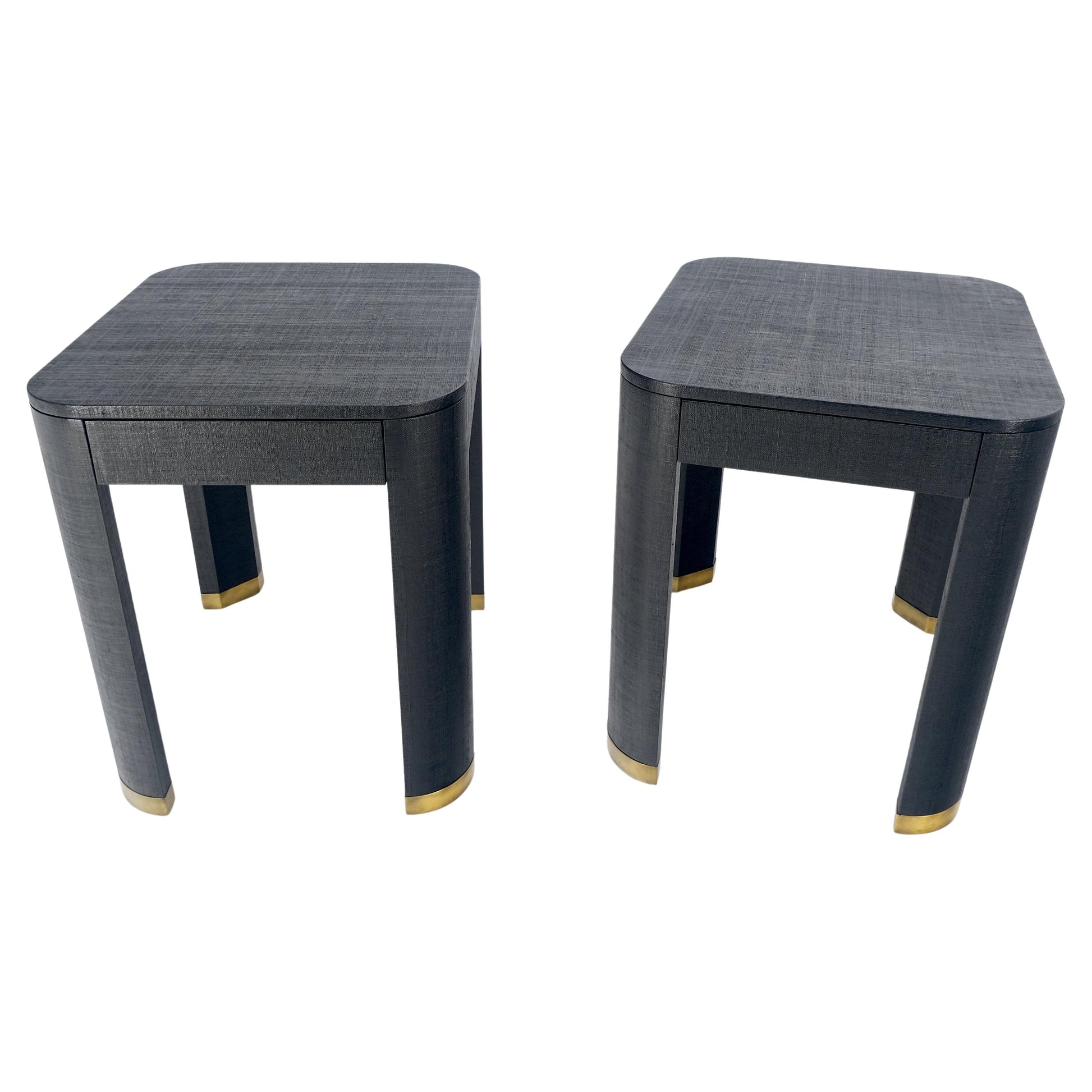 EstablishedLines Pair Black Lacquer Grass Cloth Wrapped One Drawer Night Stands End Tables MINT!