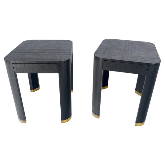 EstablishedLines Pair Black Lacquer Grass Cloth Wrapped One Drawer Night Stands End Tables MINT!