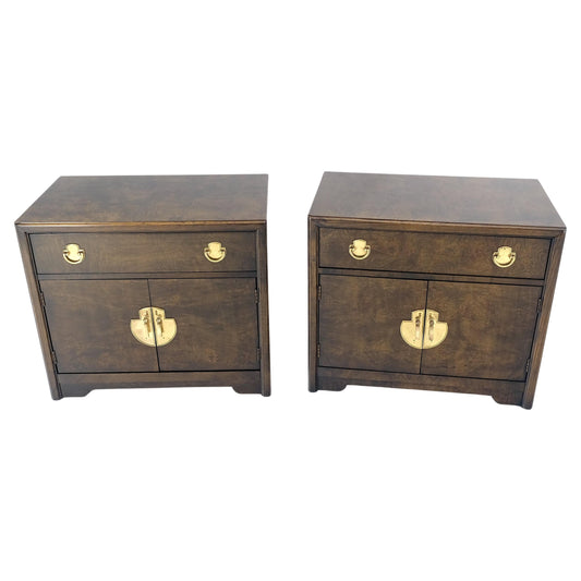 Pair Mastercraft Burl Wood Heavy Brass Hardware One Drawer Night Stands Tables