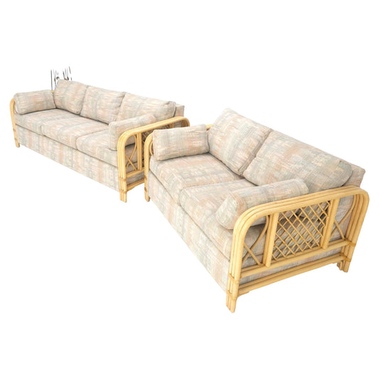 EstablishedLines Pair Bent Bamboo Frames Linen Like Upholstery Mid Century Modern Sofa Loveseat