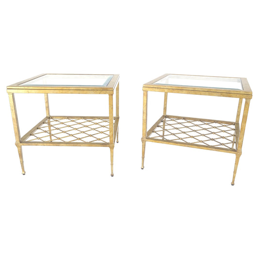 EstablishedLines Pair of Square Glass Top Gold Gilt Metal Glass Top End Tables Stands MINT!
