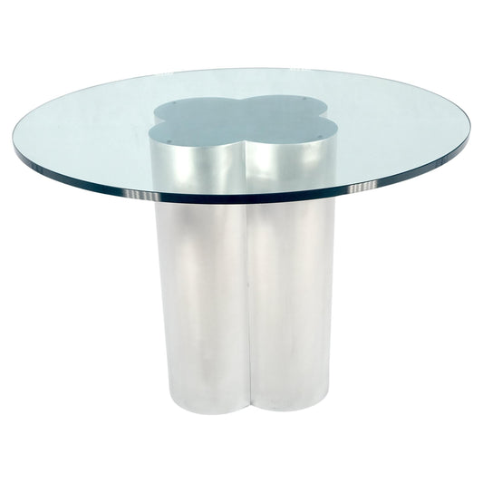 Clover Shape Fused Brushed Aluminum Cylinders Round Glass Top Dining Game Table
