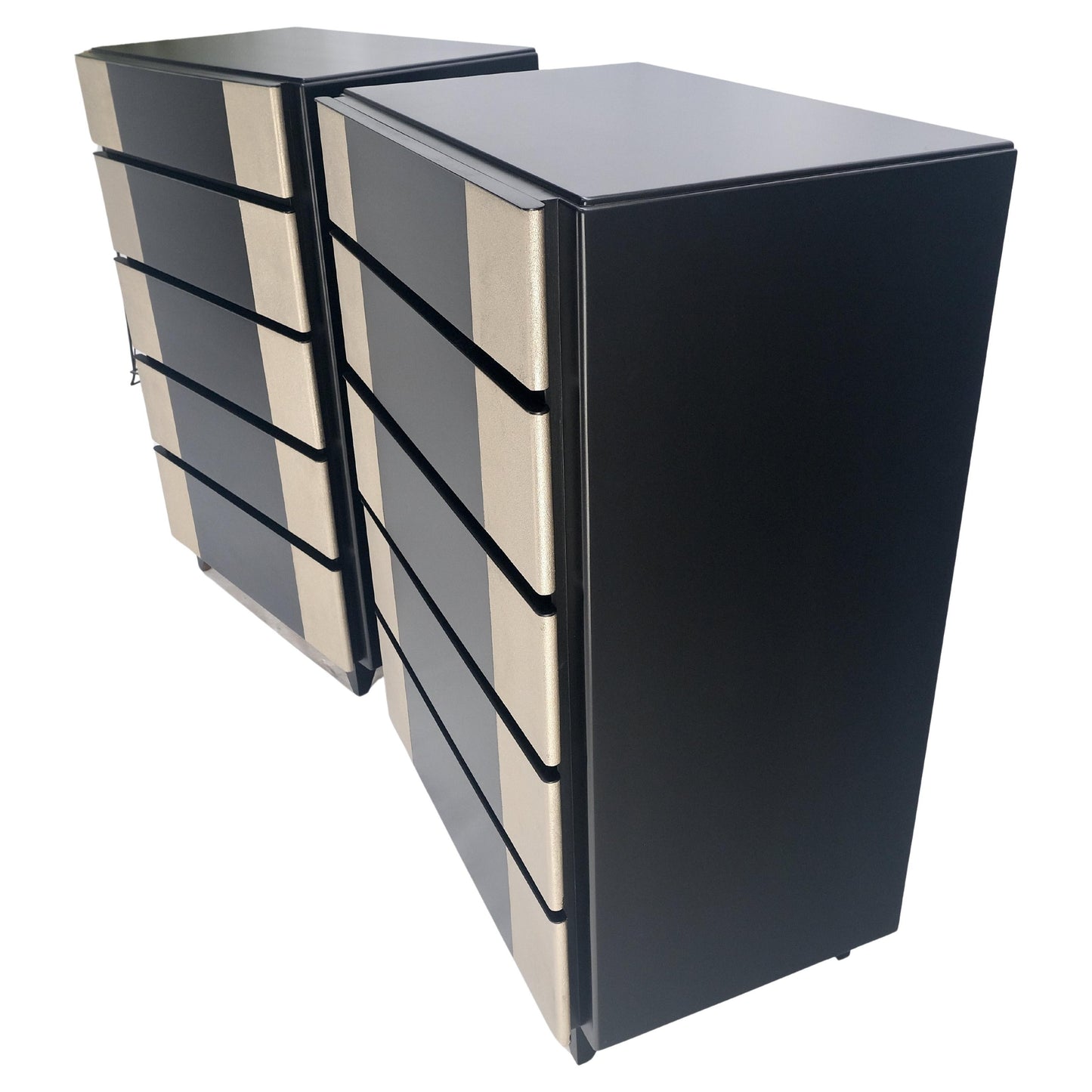 Pair Black Lacquer & Silver Fitted Drawers Flip Top Vanity Chest Dressers MINT!