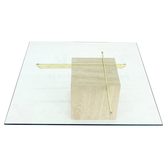 EstablishedLines Large 37x37 Square Glass Top Travertine Pedestal & Brass Base Coffee Table
