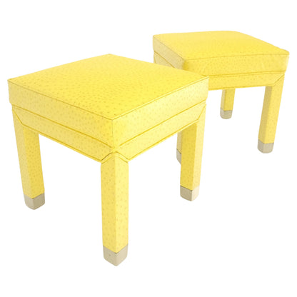 Pair of Lemon Yellow Faux Ostrich Skin Leather Square Window Hall Benches MINT!