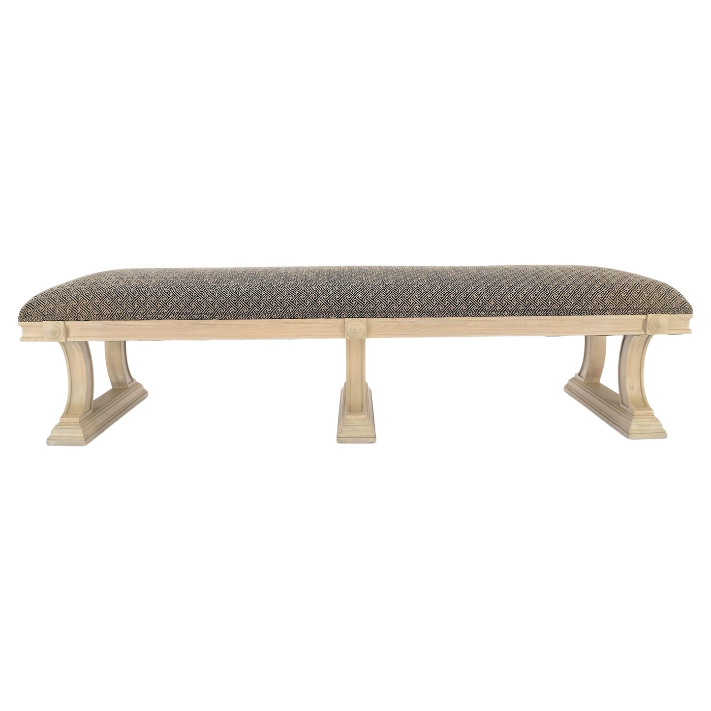 EstablishedLines Bleached Carved Mahogany Tripple Pedestals Base Upholstered Seat Bench MINT!