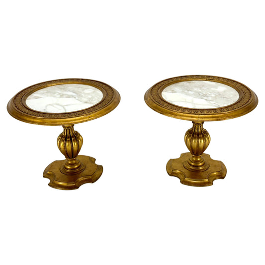 EstablishedLines Pair Marble Tops Gold Round Medallion Top Onion Shape Base Side End Lamp Stands