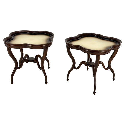 EstablishedLines Pair Mahogany Clover Shape Light Cream Leather Top Lamp End Tables Stands MINT!