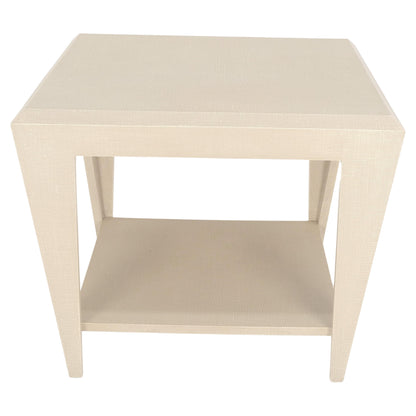 EstablishedLines Lacquered Cloth Rectangle Tapered Legs Two Tier Bottom Shelf Beige End Table