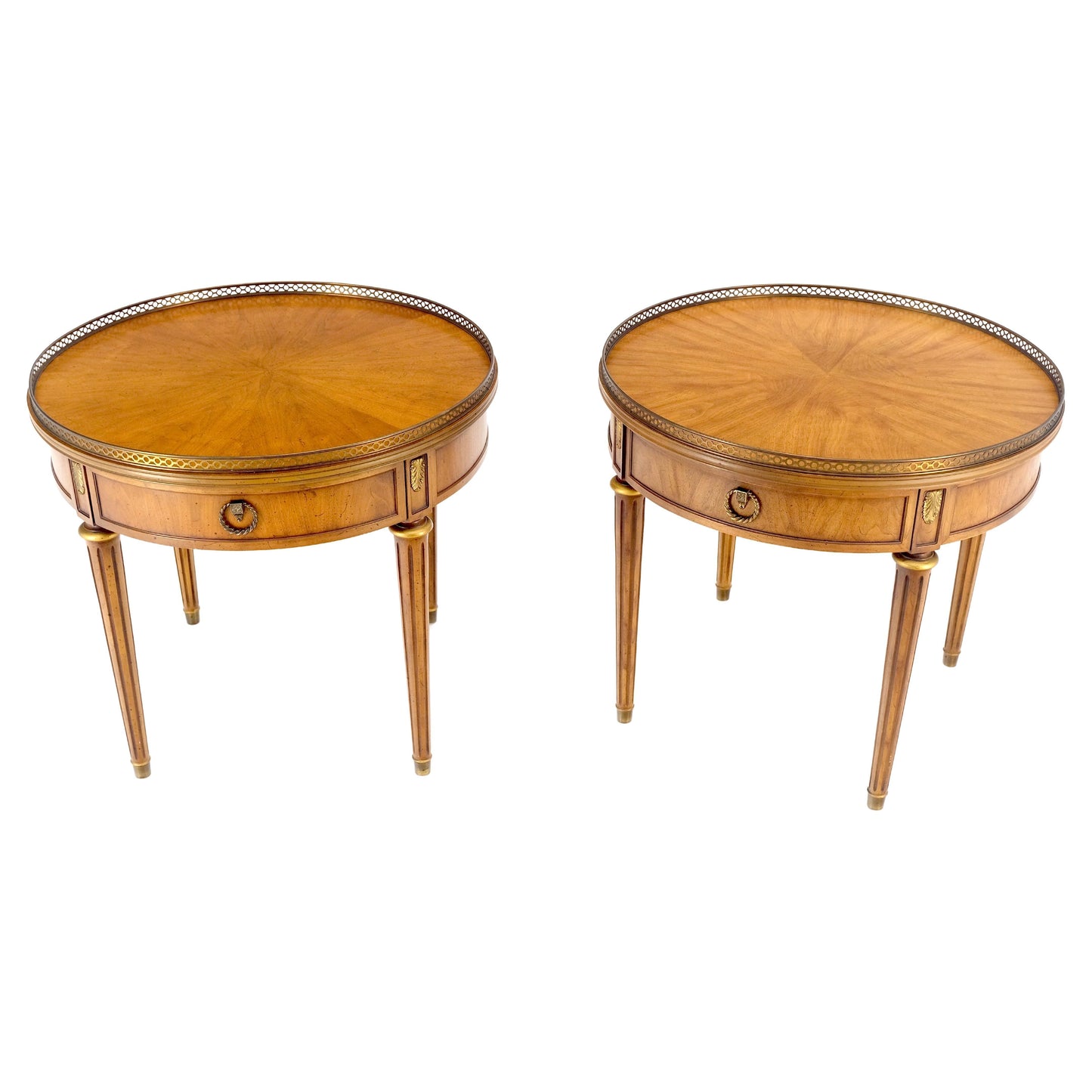 Pair Round Drum One Drawer Light Walnut Brass Gallery End Side Lamp Tables Stand