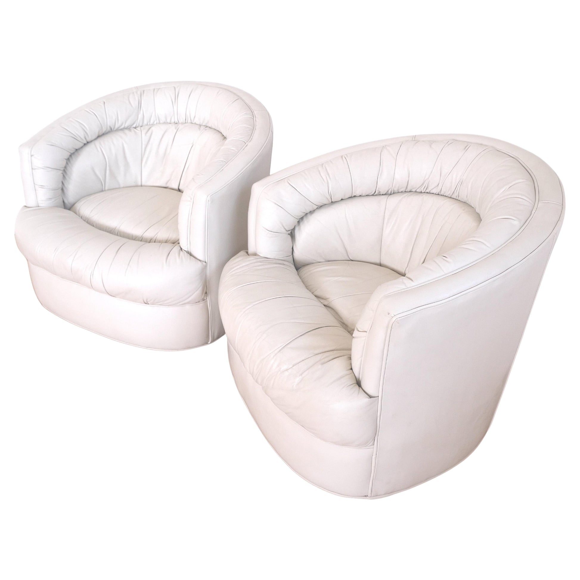 EstablishedLines Pair Barrel Round Back Off White Leather Upholstery Swivel Lounge Chairs MINT!