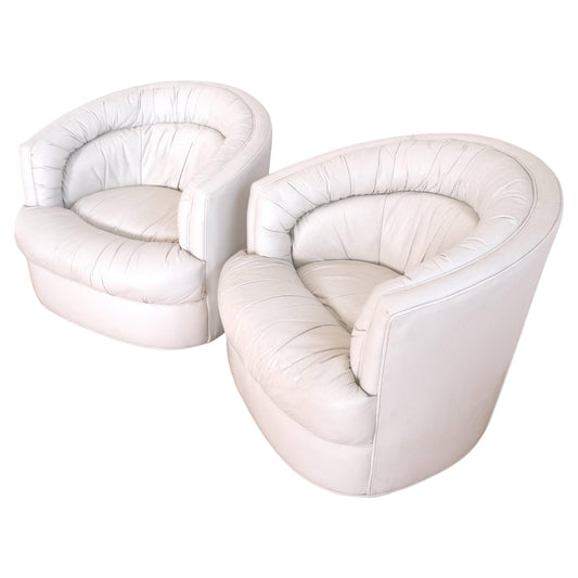 EstablishedLines Pair Barrel Round Back Off White Leather Upholstery Swivel Lounge Chairs MINT!