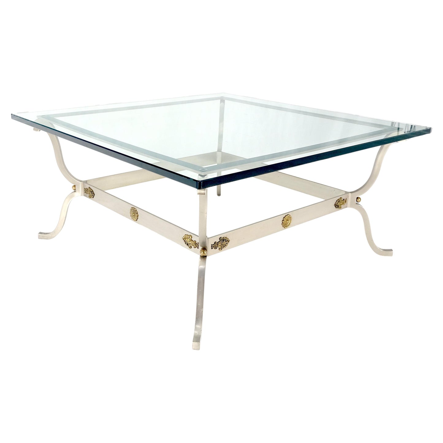Jansen Atr. Brushed Steel Brass Mounts Rosettes Square 3/4" Glass Coffee Table