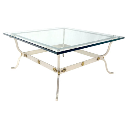 Jansen Atr. Brushed Steel Brass Mounts Rosettes Square 3/4" Glass Coffee Table