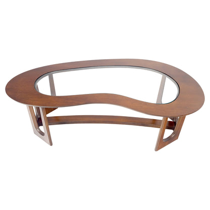 EstablishedLines Oiled Walnut Boomerang Kidney Shape Glass Top Stretcher Base Coffee Table Mint!