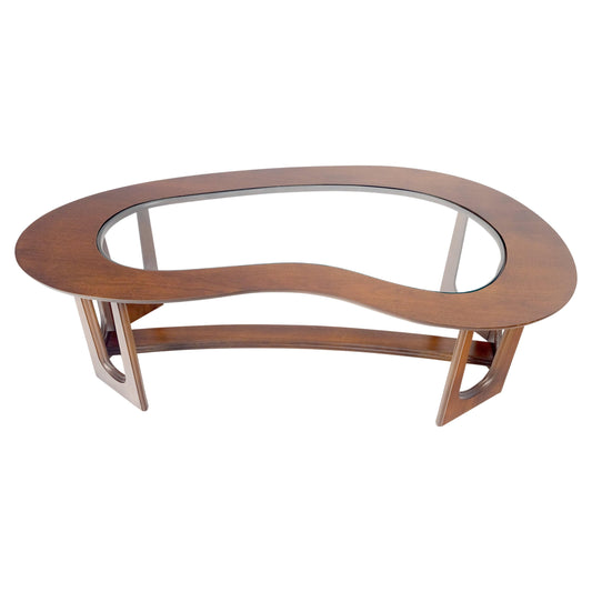 EstablishedLines Oiled Walnut Boomerang Kidney Shape Glass Top Stretcher Base Coffee Table Mint!
