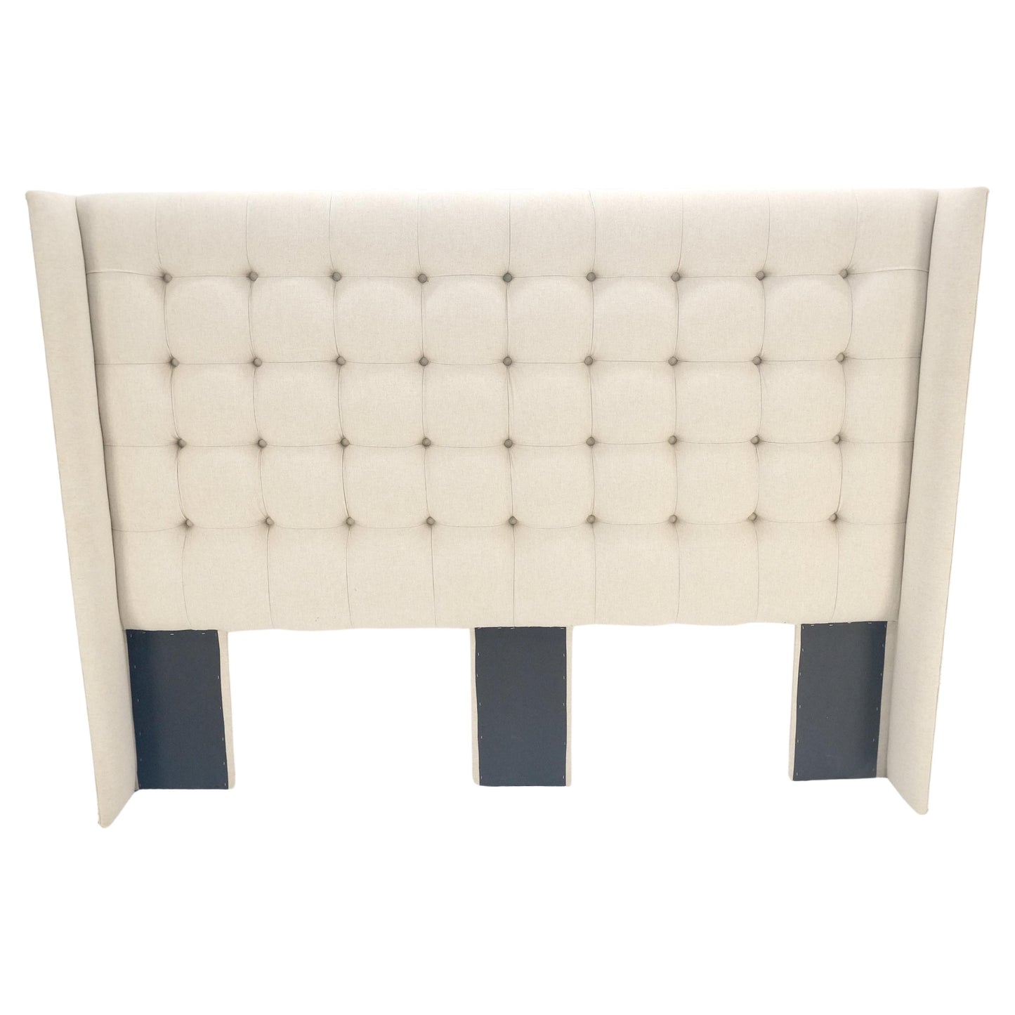 EstablishedLines Custom Tufted Linen Oatmeal Beige Wing Headboard King Size Bed Mint