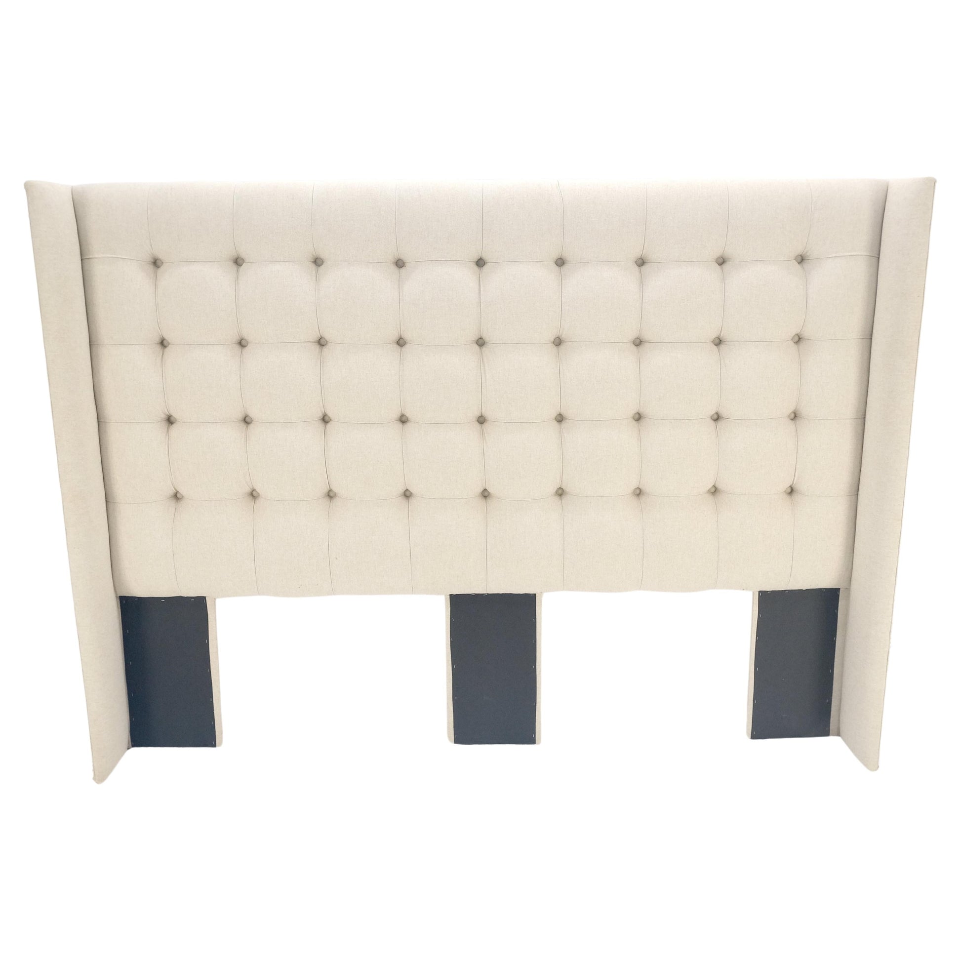 EstablishedLines Custom Tufted Linen Oatmeal Beige Wing Headboard King Size Bed Mint