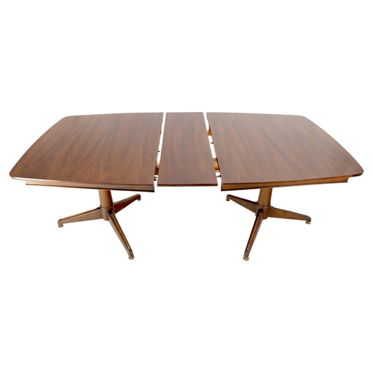 Walnut Boat Shape Double Tripod Bases One Extension Leaf Board Dining Table MINT