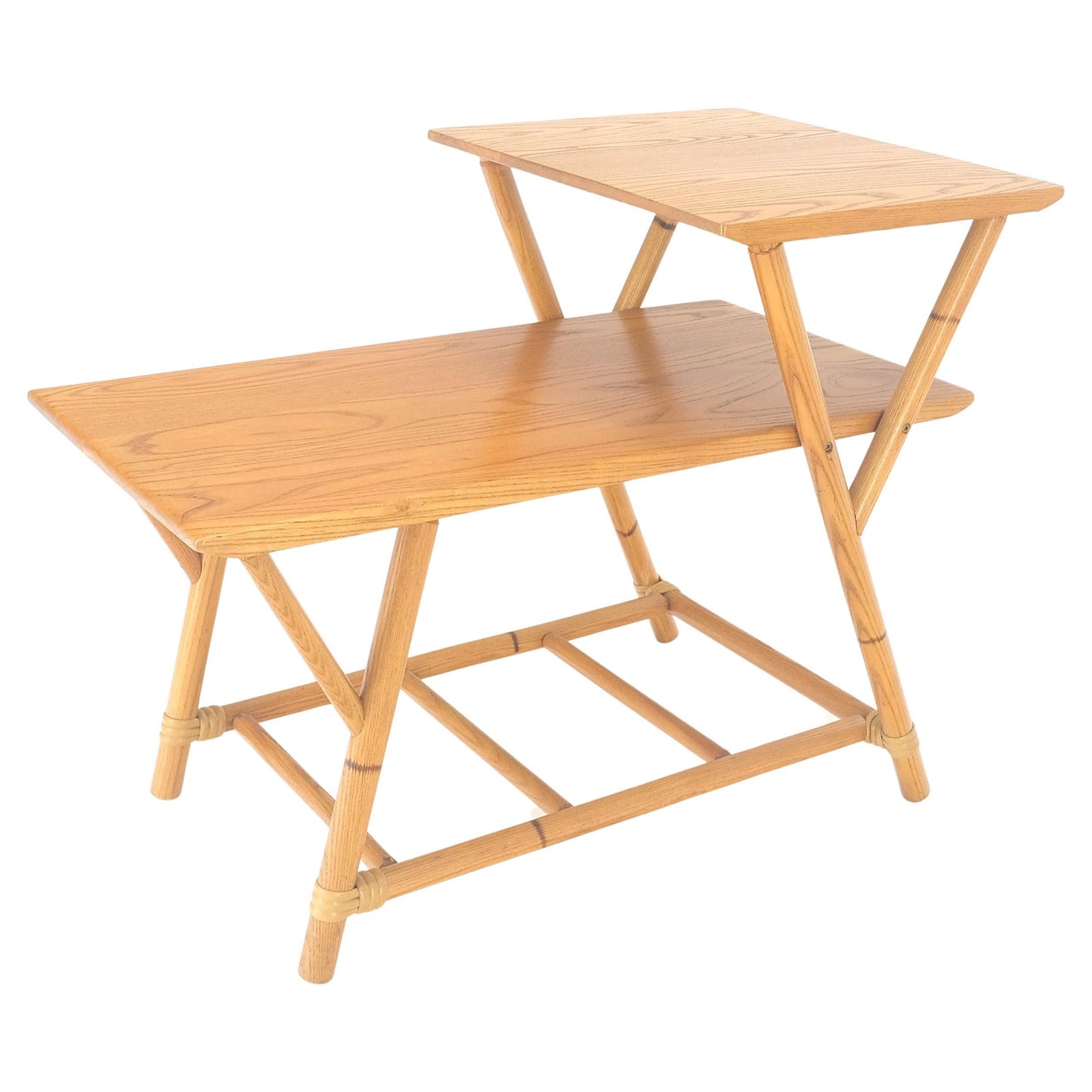 Heywood Wakefield Bamboo Rattan Solid Chestnut Blond Step Table Mid Century MINT